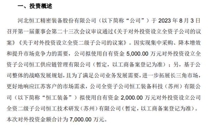 恒工精密及全资子公司恒工装备拟合开云网站 Kaiyun计投资7000万设立全资子公司和二级(图1)